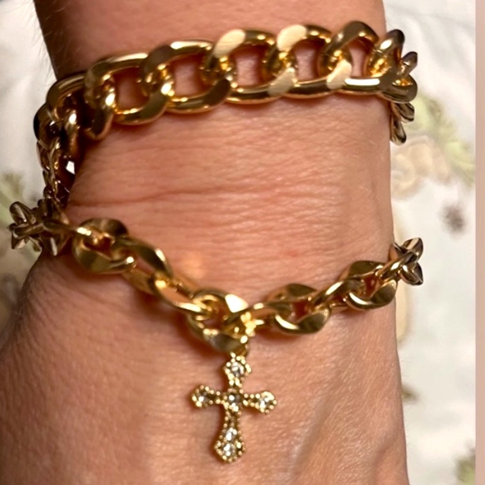 Gold Double Layer Anklet/Bracelet/ Necklace 3 Crosses W/Crystal Chucky Chain 💎